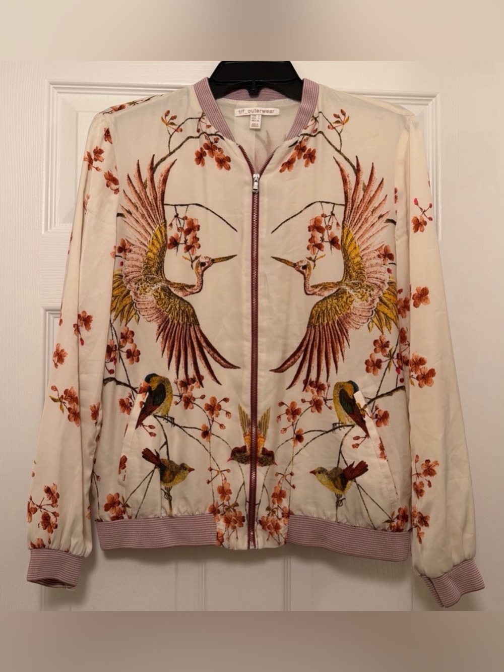 TRF Outerwear Cherry Blossom Cranes Satin Bomber Jacket Size Small